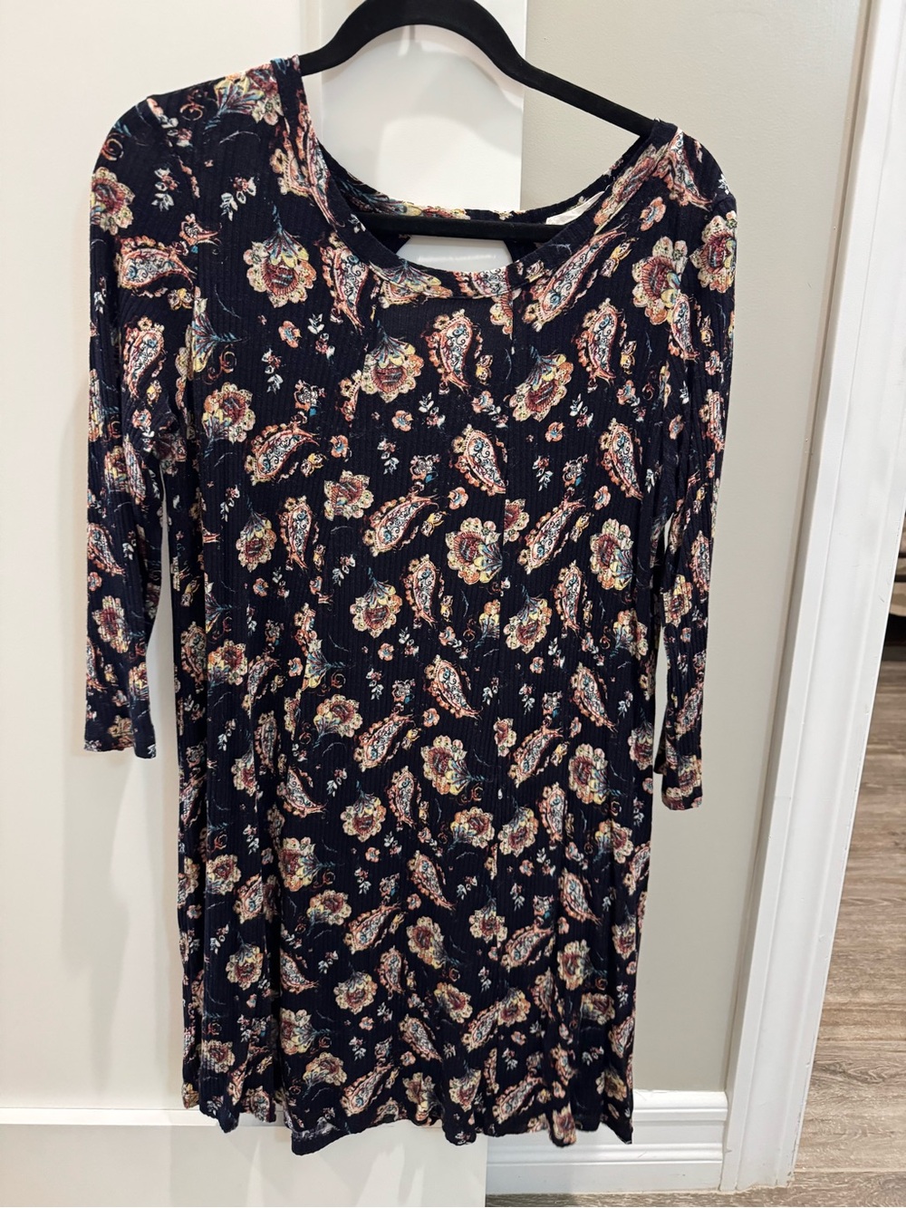 Lush Navy Paisley-Print Long-Sleeve Swing Dress